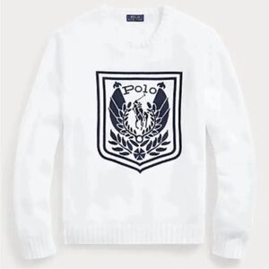 Ralph Lauren White Crewneck Sweater with Navy Crest Logo
